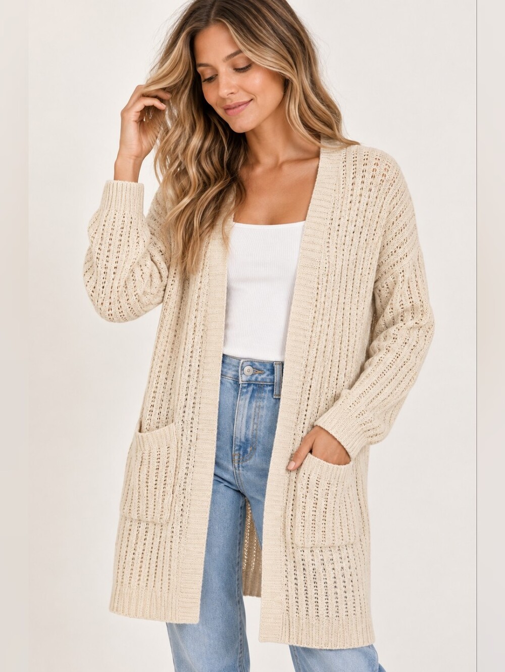Hippie Rose Cream Open Knit Long Cardigan Sweater Size Small Boho Pockets
